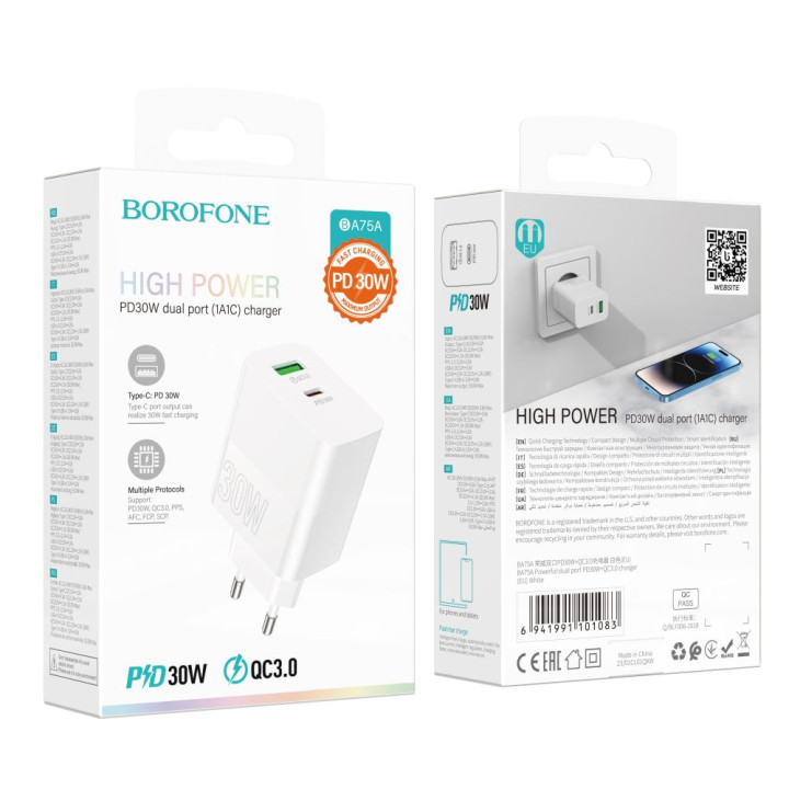 Сетевое Зарядное Устройство Borofone BA75A Powerfull PD30W / QC3.0, White