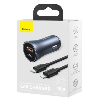 Автомобильное Зарядное Устройство Baseus Golden Contactor Pro TZCCJD-B 40W USB 3,0QC Type-C to Ligtning, Dark gray