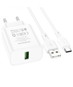 Мережевий Зарядний Пристрій Borofone BA72A Spring USB QC3.0 cable USB-Type-C, White