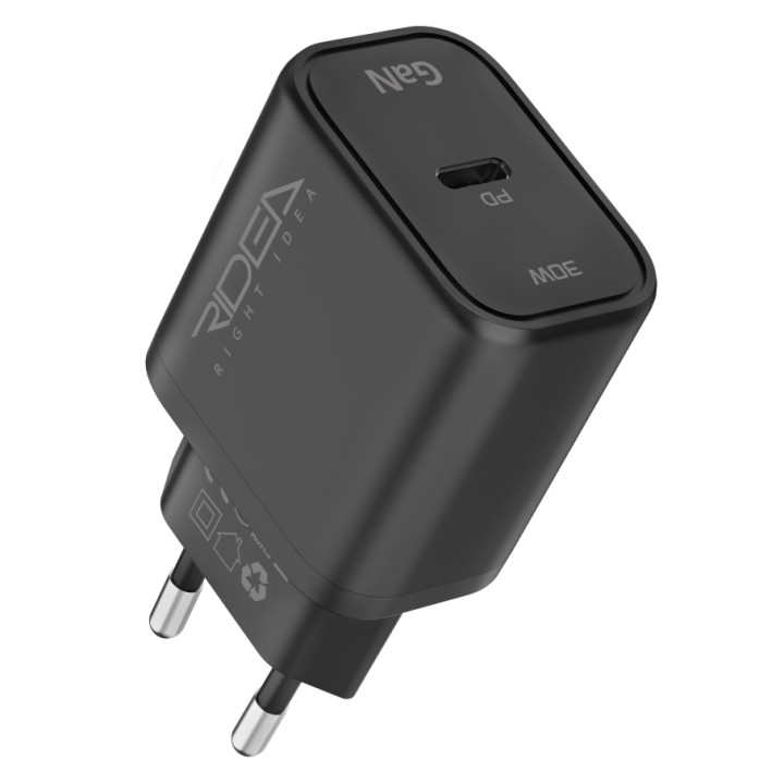 Мережевий зарядний пристрій Ridea RW-GaN30BC Type-C PD30W, Black