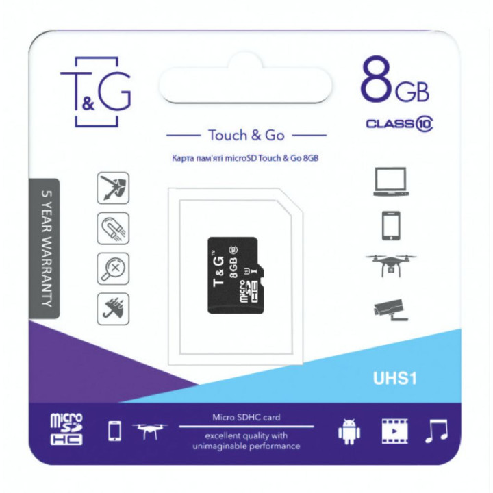 Карта пам'яті T&G MicroSDHC 8GB 10 Class 10MB/s, Black
