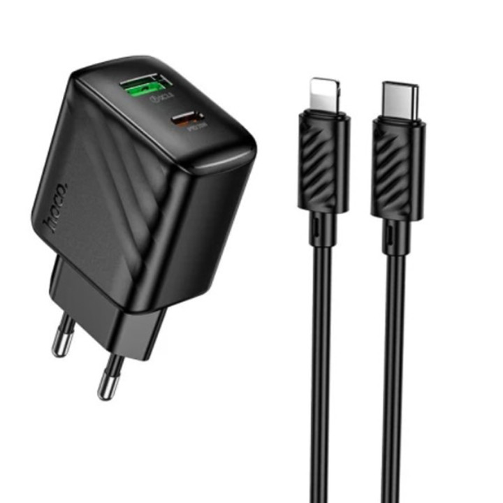 Мережевий зарядний пристрій Hoco CS25A 1USB-C / 1USB PD / QC 20W Type-C to Lightning, Black