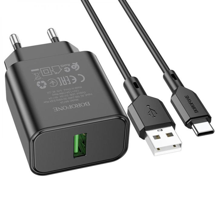 Мережевий Зарядний Пристрій Borofone BA72A Spring USB QC3.0 cable USB - Type-C, Black