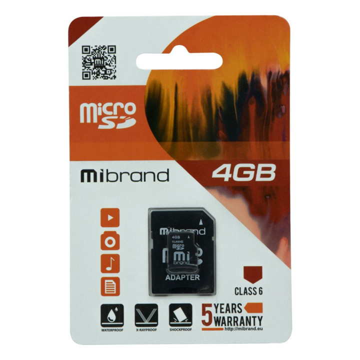 Карта Пам'яті Mibrand microSDHC 4Gb class 6 (adapter SD), Black