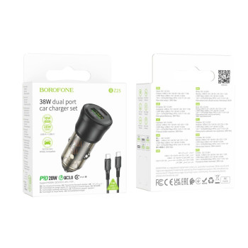 Автомобильное Зарядное Устройство Borofone BZ25 USB QC 3.0 / PD 38W + cable Type-C to Type-C, Transparent black