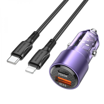 Автомобільний зарядний пристрій Borofone BZ20A Smart 83W dual port PD65W QC3.0 Type-C to Lightning, Violet