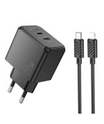 Мережевий зарядний пристрій Hoco CS16A 1USB-C / 1IP PD / QC 20W кабель Type-C to Lightning, Black