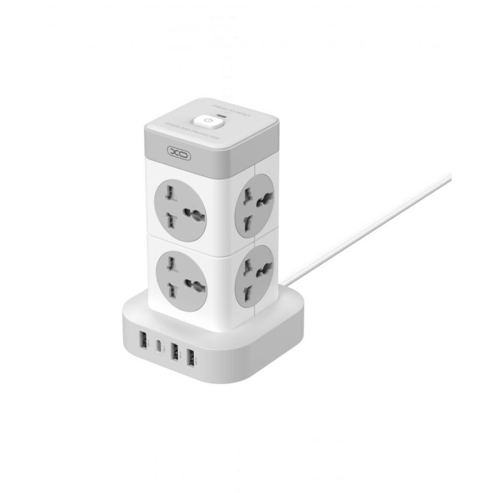 Сетевой Удлинитель XO WL21 Tower Shaped 8AC socket 3USB-A 1USB-C 2m, White