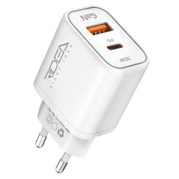 Сетевое зарядное устройство Ridea RW-GaN30BPAC USB QC3.0 / Type-C PD30W, White