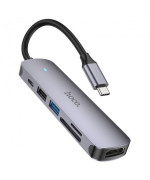 USB Hub адаптер Hoco HB28 Type-C HDTV / USB3.0 / USB2.0 / SD / TF / PD, Metallic gray