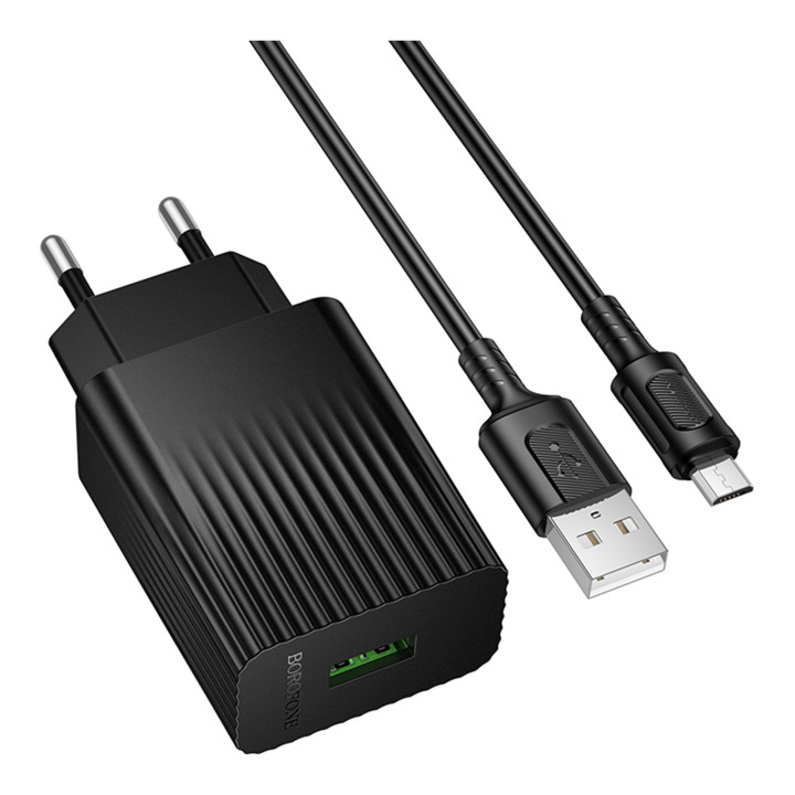 Сетевое зарядное устройство Borofone BAS72A USB QC3.0 18W with cable micro-USB, Black