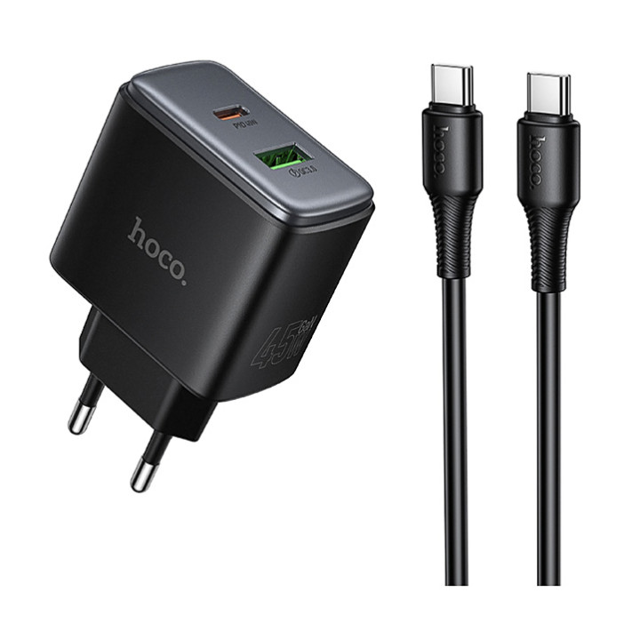 Мережевий зарядний пристрій Hoco C158A USB QC3.0 / Type-C PD45W with cable, Black