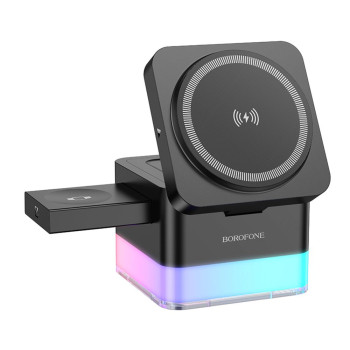 Беспроводное Зарядное Устройство Borofone BQ34 3 in1 Magnetic 15W для iWatch, Black