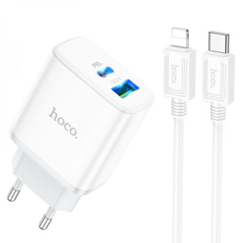 Мережевий зарядний пристрій Hoco C105A Stage Dual port  Type-C PD20W USB QC3.0 cableType-C to Lightning, White