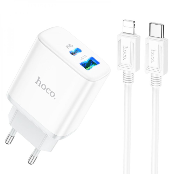 Сетевое Зарядное Устройство Hoco C105A Stage Dual port  Type-C PD20W USB QC3.0 cableType-C to Lightning, White