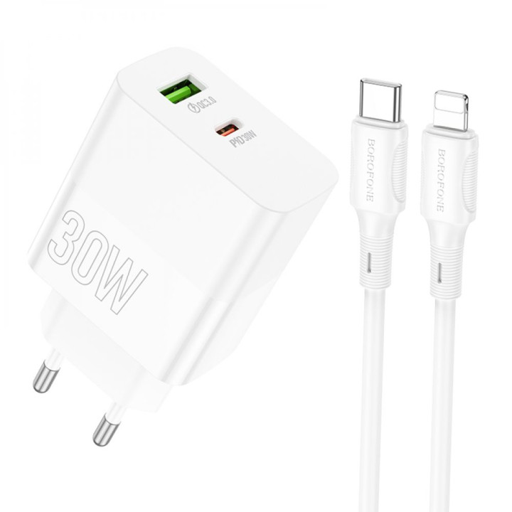 Сетевое Зарядное Устройство Borofone BA75A Powerfull Type-C PD30W / USB QC3.0  Type-C to Lightning, White