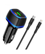 Автомобільний зарядний пристрій Borofone BZ14A USB QC3.0 Type-C PD20W cable Type-C to Lightning, Black