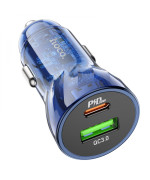 Автомобильное зарядное устройство Hoco Z47A Transparent PD30W+QC3.0, Transparent blue