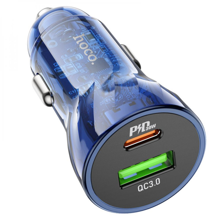 Автомобильное зарядное устройство Hoco Z47A Transparent PD30W+QC3.0, Transparent blue