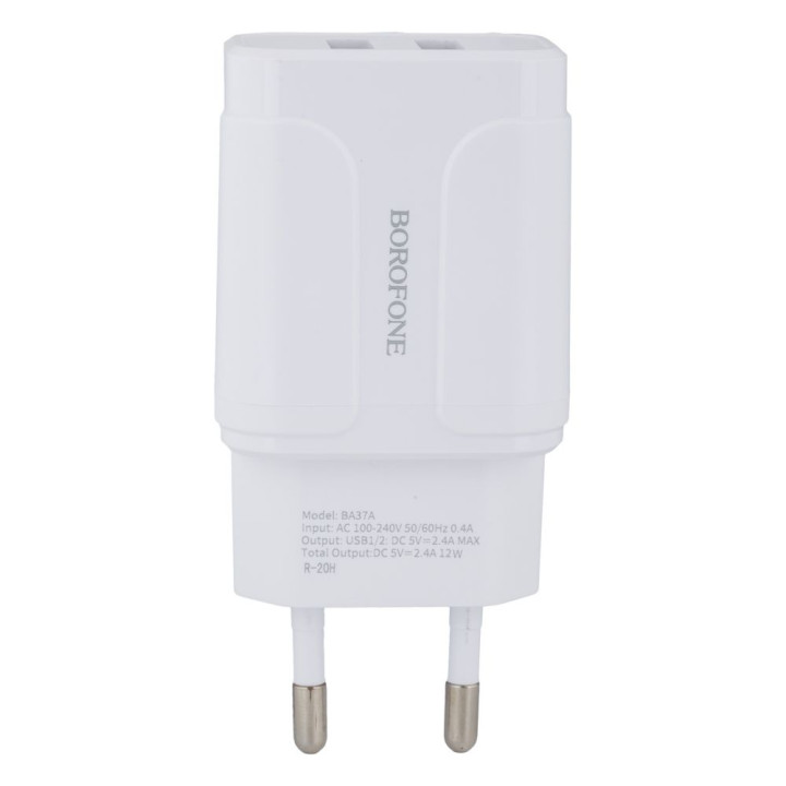 Мережевий зарядний пристрій Borofone BA37A 2USB 2.4A 12W без кабелю, White