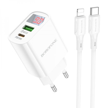 Сетевое Зарядное Устройство Borofone BA78A digital display Type-C PD20W / USB QC3.0 cable Type-C to Lightning, White