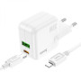 Мережевий Зарядний Пристрій Hoco C111A Lucky Type-C PD30W USB QC3.0 cable Type-C to Lightning, White