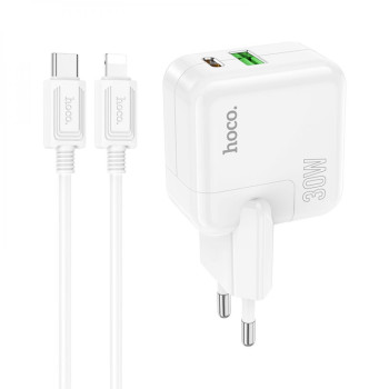 Мережевий Зарядний Пристрій Hoco C111A Lucky Type-C PD30W USB QC3.0 cable Type-C to Lightning, White