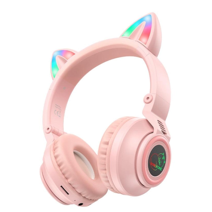 Bluetooth Стерео Гарнітура Borofone BO18 Cat Ear 400 mAh, Pink