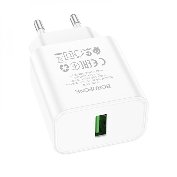 Мережевий Зарядний Пристрій Borofone BA72A Spring USB QC3.0 18W без кабелю, White