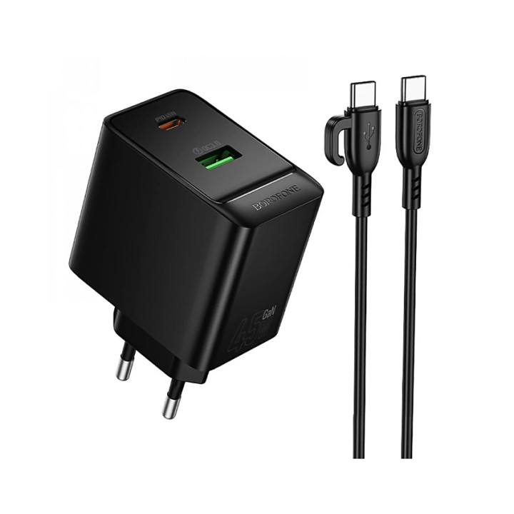 Мережевий зарядний пристрій Borofone BAS16A Type-C PD45W / USB QC3.0 with cable, Black