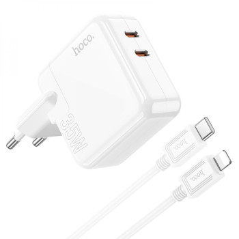 Мережевий Зарядний Пристрій Hoco C110A Lucky 2Type-C QC 3.0 PD35W cable Type-C to Lightning, White