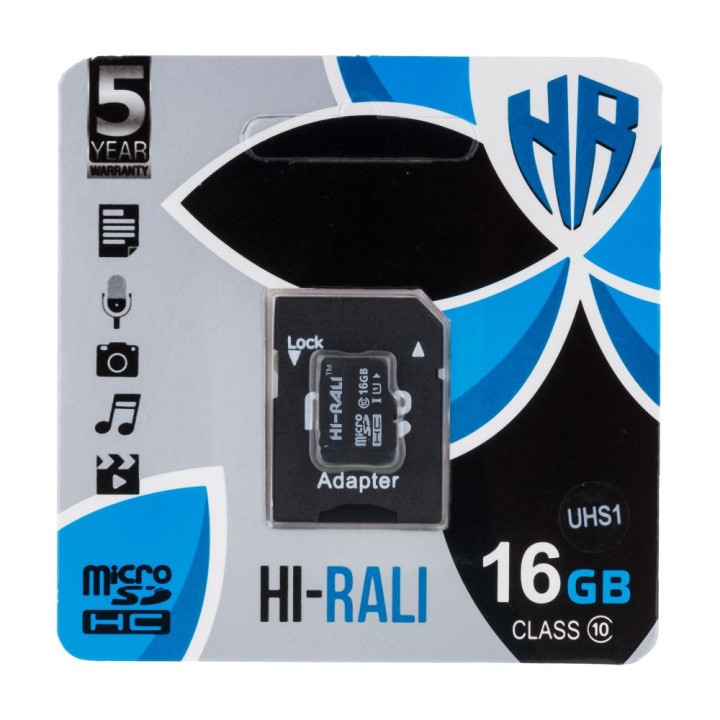 Карта Пам'яті Hi-Rali MicroSDHC 16gb UHS-1 Class 10 + Adapter, Black