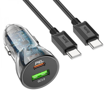 Автомобильное Зарядное Устройство Hoco Z47A Transparent PD30W+QC3.0 Type-C to Type-C, Transparent black