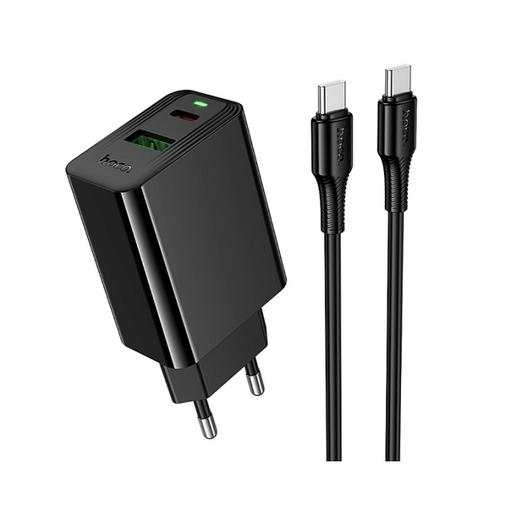 Мережевий зарядний пристрій Hoco CS94A Type-C PD20W / USB QC3.0 with cable, Black