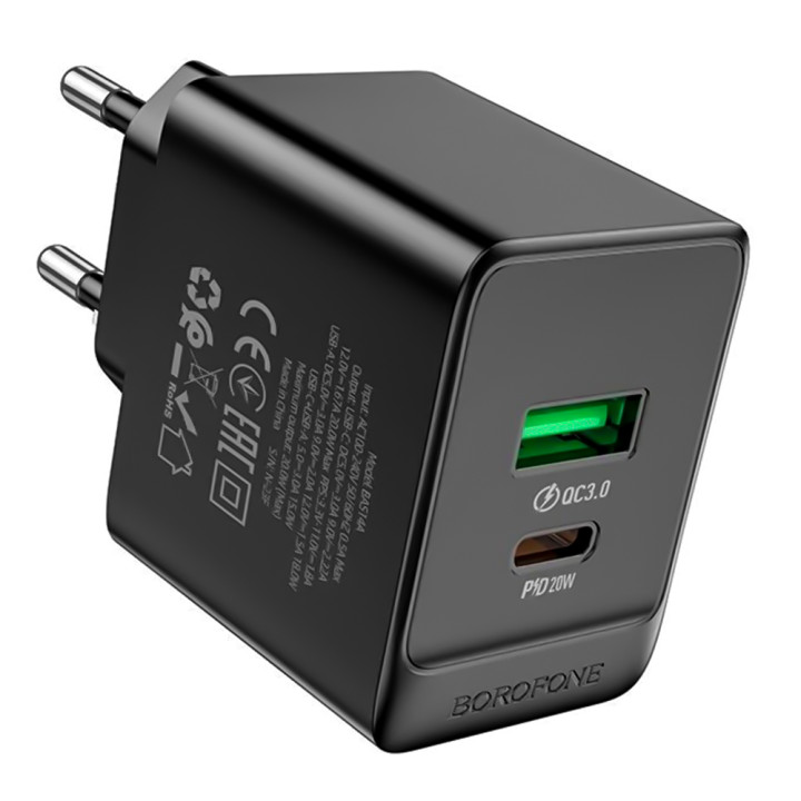 Мережевий Зарядний пристрій Borofone BAS14A 1USB / 1Type-C 20W, Black