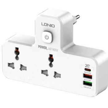 Удлинитель сетевой LDNIO SC2311 2 USB 1 Type-C, 2 розетки 1.6 м с ночником, White