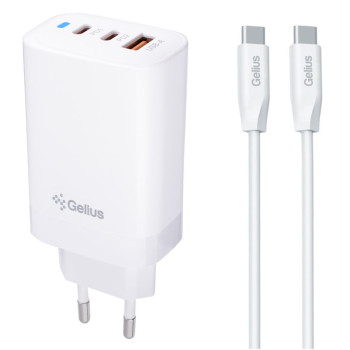 Сетевое зарядное устройство Gelius Elevaro GP-HC065 USB / 2Type-C 65W с кабелем Type-C to Type-C, White