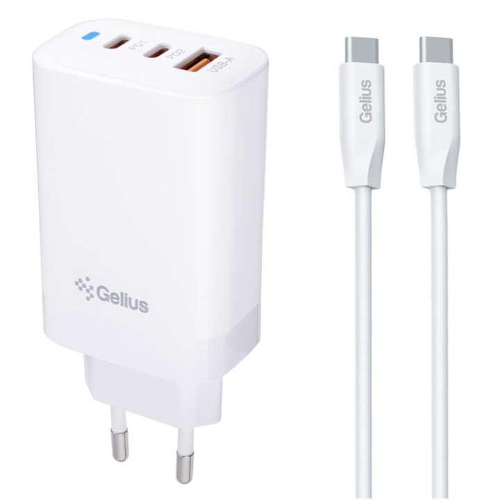 Мережевий зарядний пристрій Gelius Elevaro GP-HC065 USB / 2Type-C 65W з кабелем Type-C to Type-C, White
