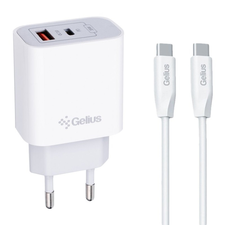 Сетевое зарядное устройство Gelius Merge GP-HC060 USB QC3.0 / Type-C 35W with cable Type-C to Type-C, White