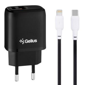 Сетевое зарядное устройство Gelius X-Duo GP-HC014 USB Type-C QC3.0 / PD20W cable Type-C / Lightning Gelius Full Silicon, Black