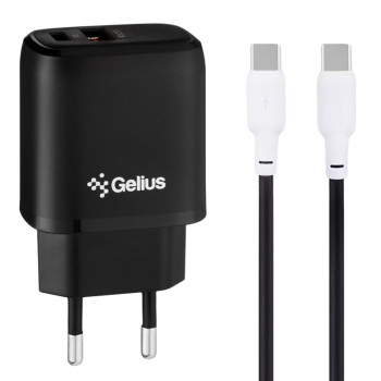 Сетевое зарядное устройство Gelius X-Duo GP-HC014 USB+Type-C QC3.0 / PD20W cable Type-C / Type-C Gelius Full Silicon, Black