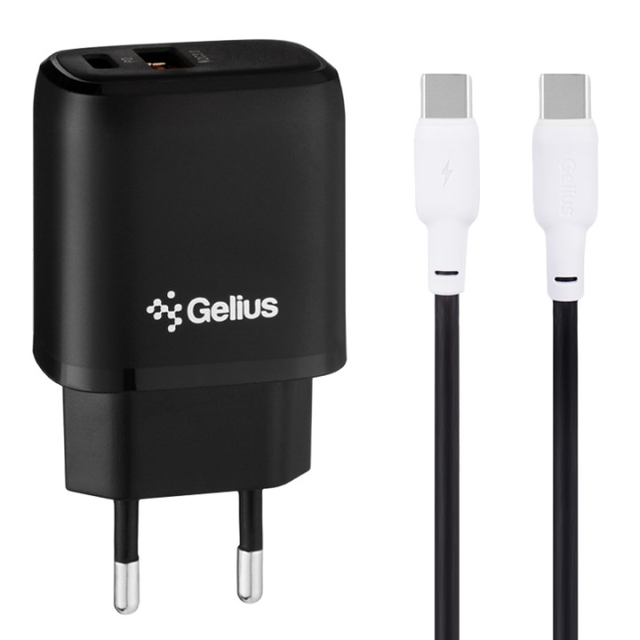  Мережевий зарядний пристрій Gelius X-Duo GP-HC014 USB+Type-C QC3.0 / PD20W Cable Type-C / Type-C Gelius Full Silicon, Black