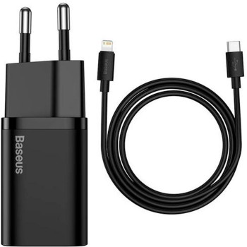 Мережевий зарядний пристрій Baseus Super Silicone TZCCSUP-B01 1Type-C + Cable Type-C to Lightning 20W,  Black