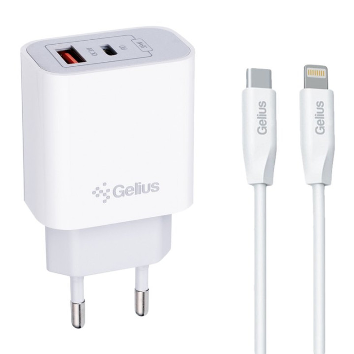 Сетевое зарядное устройство Gelius Merge GP-HC060 USB QC3.0 / Type-C PD35W with cable Type-C to Lightning, White