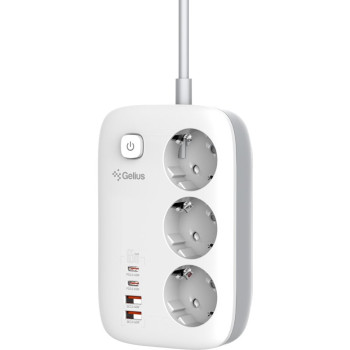Мережевий фільтр Gelius T-Power 220V 3 розетки / 2 Type-C / 2 USB 65W 2m, White