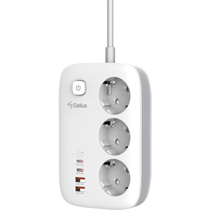 Мережевий фільтр Gelius T-Power 220V 3 розетки / 2 Type-C / 2 USB 65W 2m, White