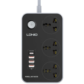 Удлинитель сетевой LDNIO SC3412 3 USB 1 Type-C, 3 розетки 2 м, Black-Grey