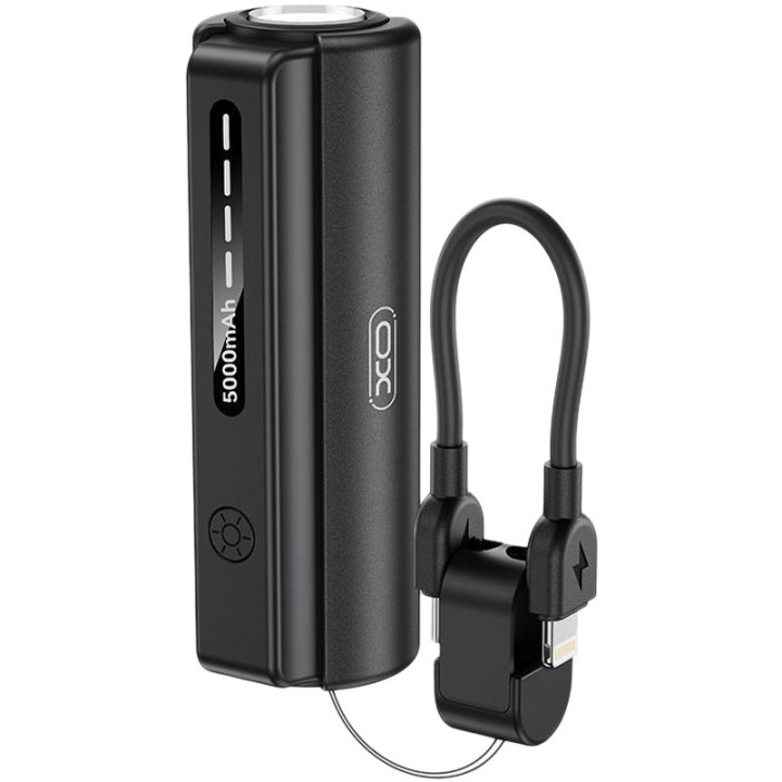 Зовнішній акумулятор Power Bank XO PR281 з ліхтариком та кабелем Type-C to Lightning 5000mAh, Black