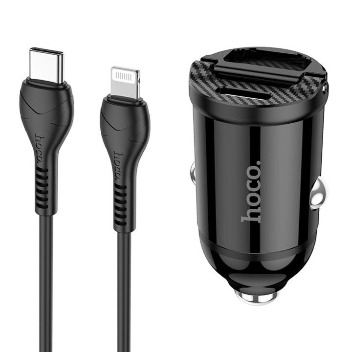 Автомобільний зарядний пристрій Hoco NZ2 4.8A USB PD Type-C QC3.0 30W Lightning 1м, Black
