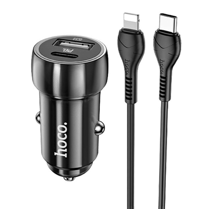 Автомобильное зарядное устройство Hoco Z46a Blue whale QC3.0 PD20W кабель Type-C- Lightning, Grey